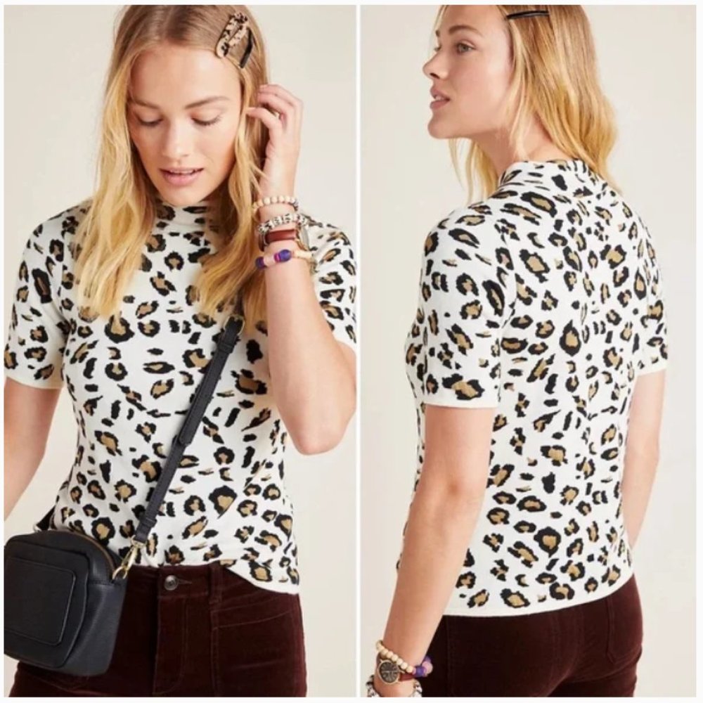 Anthropologie Field Flower Animal Print Short Sleeve Sweater